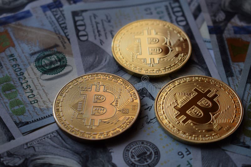 Tres monedas de Bitcoin del oro en dólares americanos imagen de archivo Tres monedas de Bitcoin del oro en dólares americanos imagen de archivo