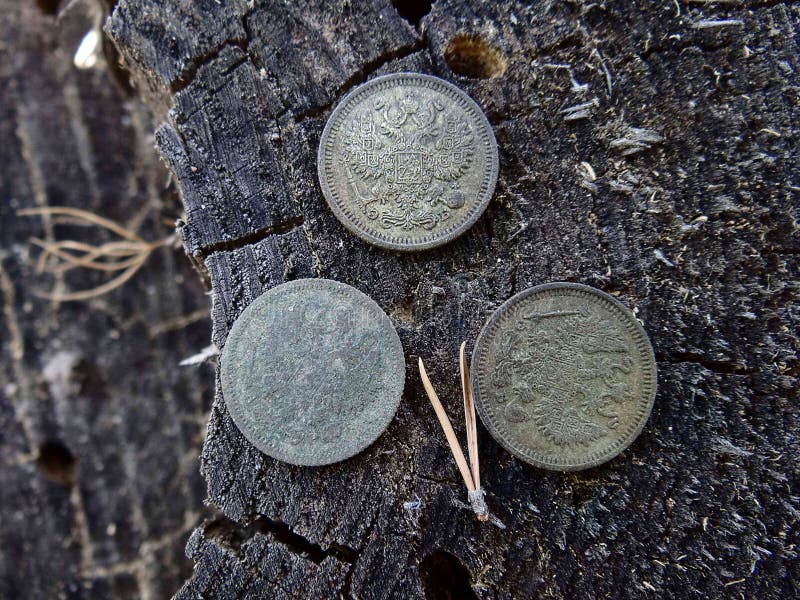 Tres monedas de plata en la madera gris en el aire abierto imagen de archivo Tres monedas de plata en la madera gris en el aire abierto imagen de archivo
