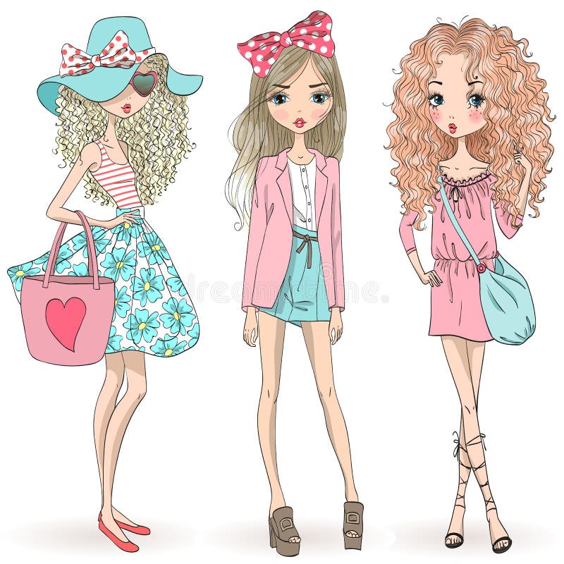 Tres muchachas lindas hermosas dibujadas mano del verano de la historieta ilustración del vector Tres muchachas lindas hermosas dibujadas mano del verano de la historieta ilustración del vector