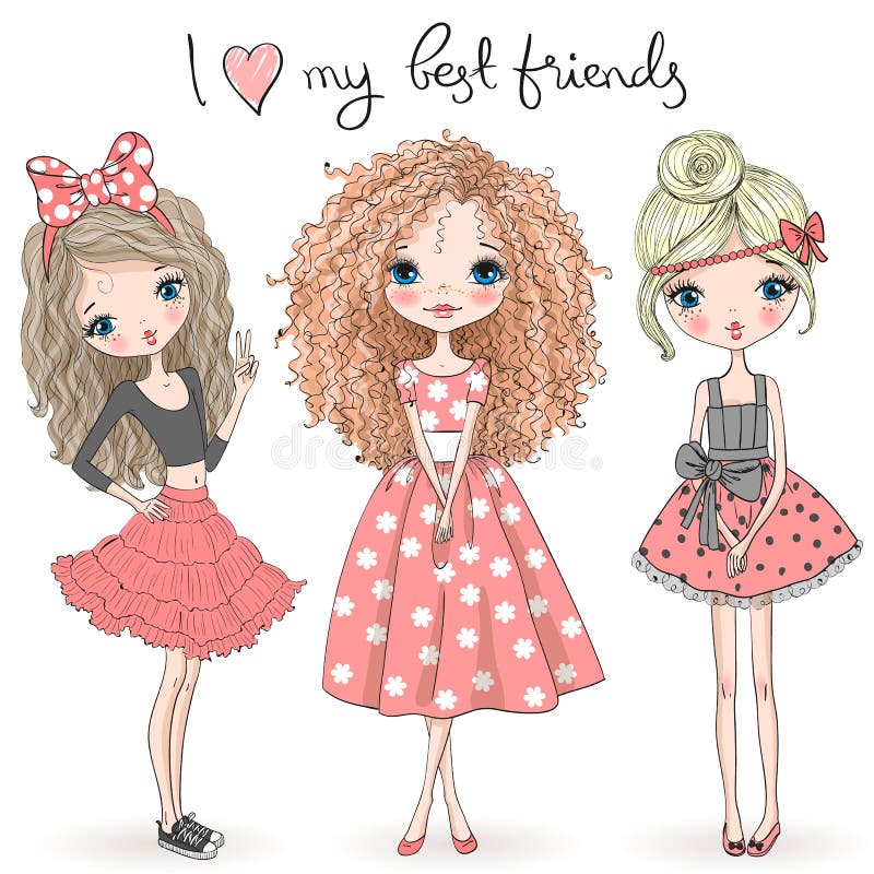 Tres muchachas lindas hermosas exhaustas de la mano en el fondo con la inscripción amo a mis mejores amigos stock de ilustración