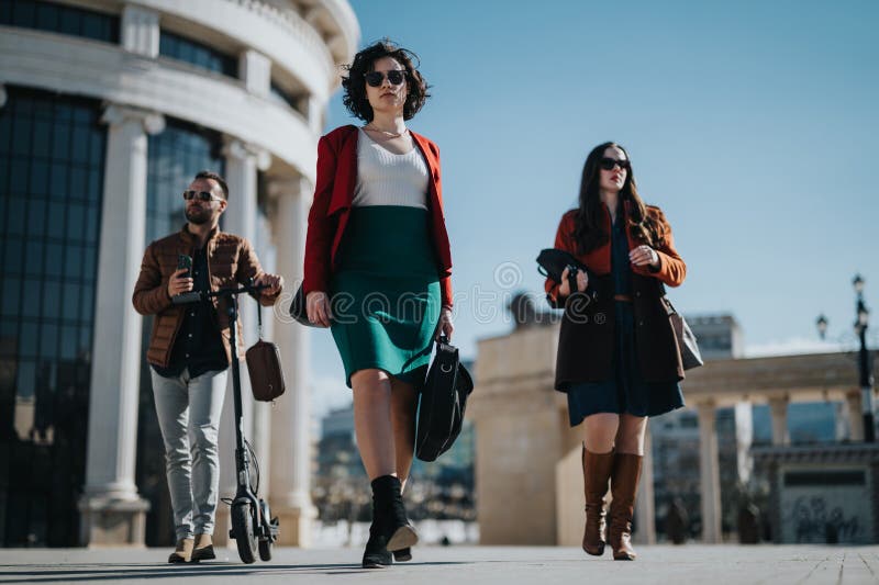 A trio of businesspeople stroll through an urban environment, exuding confidence and purpose as they go about their day. A trio of businesspeople stroll through an urban environment, exuding confidence and purpose as they go about their day.