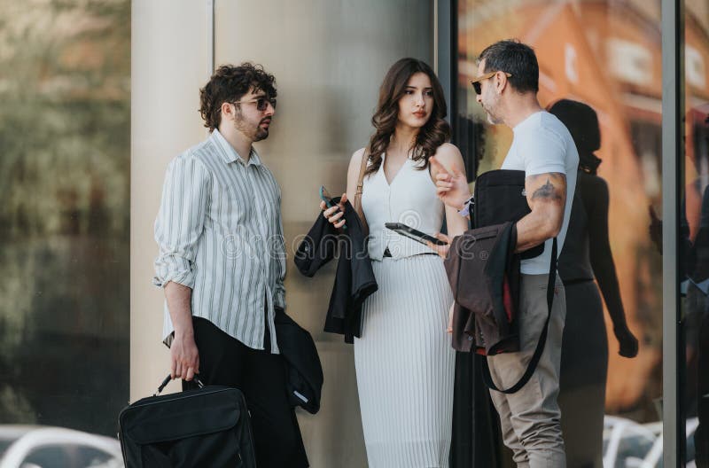 Group of three young adults in business casual attire discussing work topics outside modern office buildings. Group of three young adults in business casual attire discussing work topics outside modern office buildings.