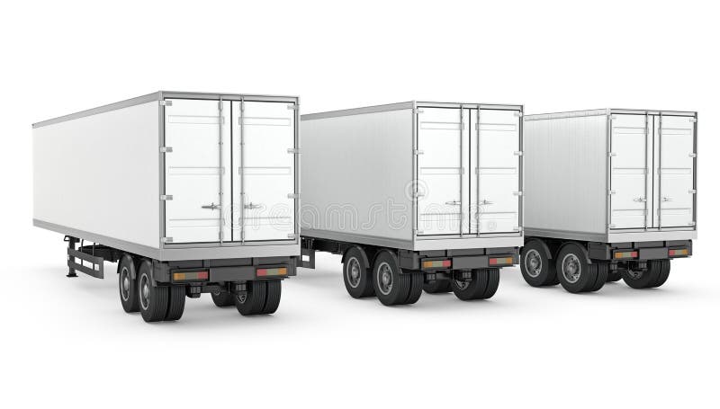 Three blank white parked semi trailers, on white background. Three blank white parked semi trailers, on white background