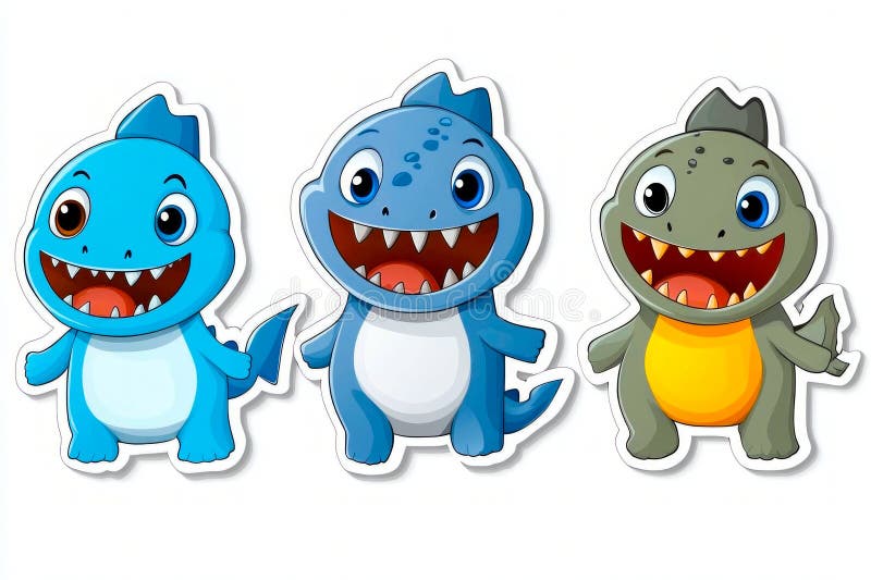 Tres tiernos dragones sonriendo y mostrando pegatinas de dientes aislados en fondo blanco. Tres coloridos y amigables dragones de bebé están sonriendo y mostrando sus dientes perfectos para ilustraciones infantiles