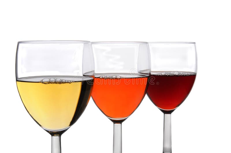 Three different glasses of wine on a white background. Chardonnay, White Zinfandel, and Cabernet Sauvignon wines in three overlapping wineglasses. Three different glasses of wine on a white background. Chardonnay, White Zinfandel, and Cabernet Sauvignon wines in three overlapping wineglasses.