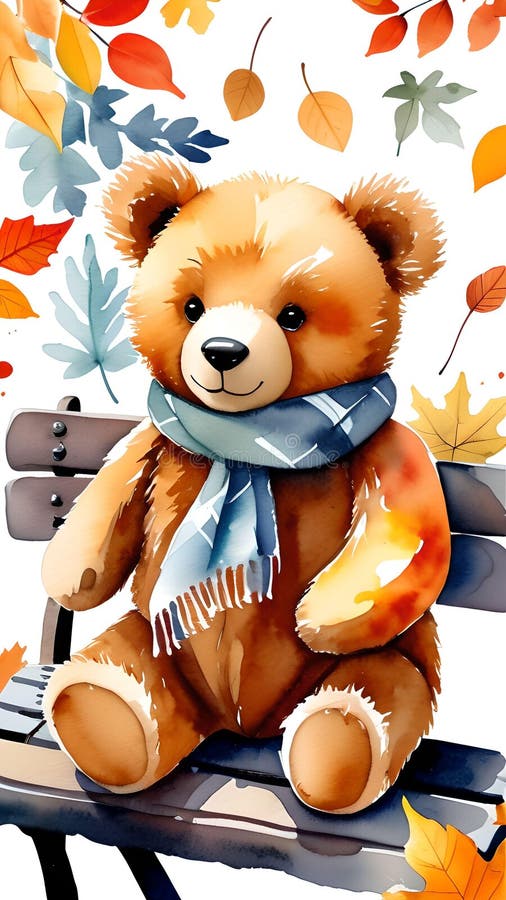 Trevlig höststämning : Svårklad teddybjörn på bänk vektor illustrationer