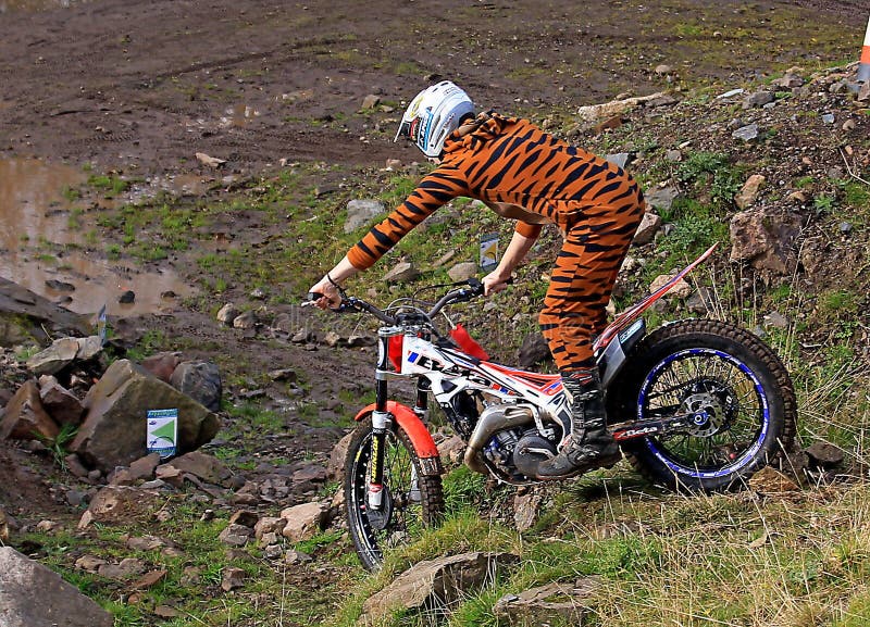 Trial motorcyclist standing on bike in tiger suit