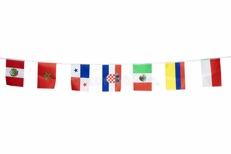 Triangle Flags of Various Countries Hanging on the Rope Stock