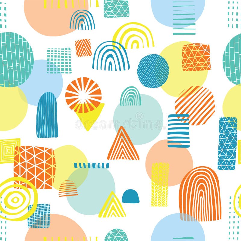 Triangles, cercles, rectangles, orange de demi-cercles, jaune, et bleue sur un modèle sans couture de vecteur de fond blanc Résum illustration libre de droits Triangles, cercles, rectangles, orange de demi-cercles, jaune, et bleue sur un modèle sans couture de vecteur de fond blanc Résum illustration libre de droits
