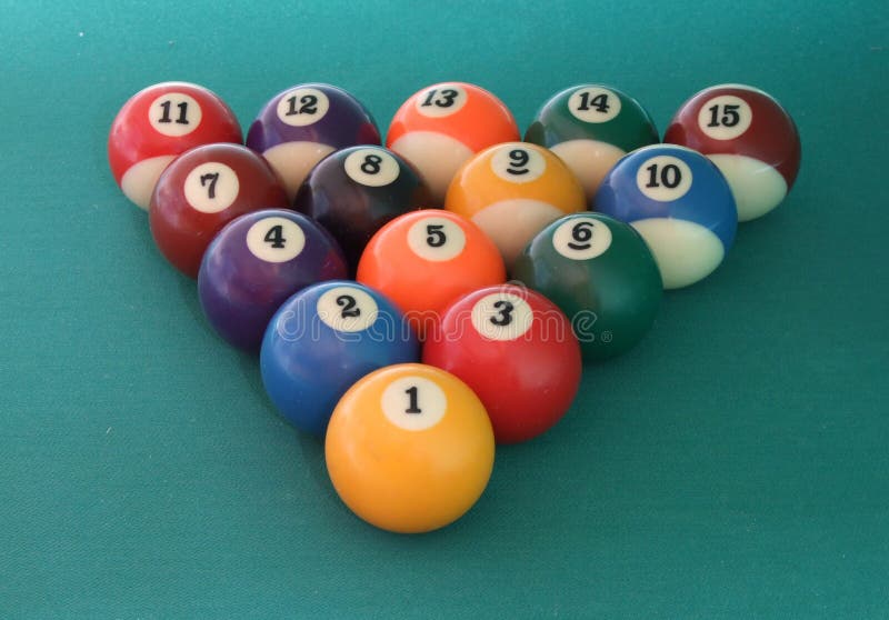 Fifteen billiard balls on the green billiard table. Fifteen billiard balls on the green billiard table