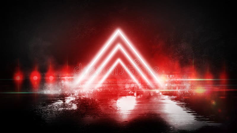 Triangolo leggero della piramide Triangolo al neon nel centro, luce, raggi, fumo fotografia stock Triangolo leggero della piramide Triangolo al neon nel centro, luce, raggi, fumo fotografia stock