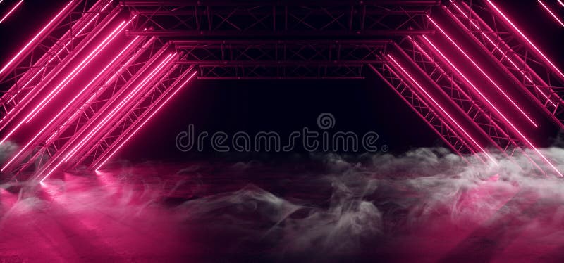Triangolo Viola Red Neon Laser Arch Beam Costruzione Fase Concreta Grunge Dark Empty Podium Virtual Futuristic illustrazione di stock