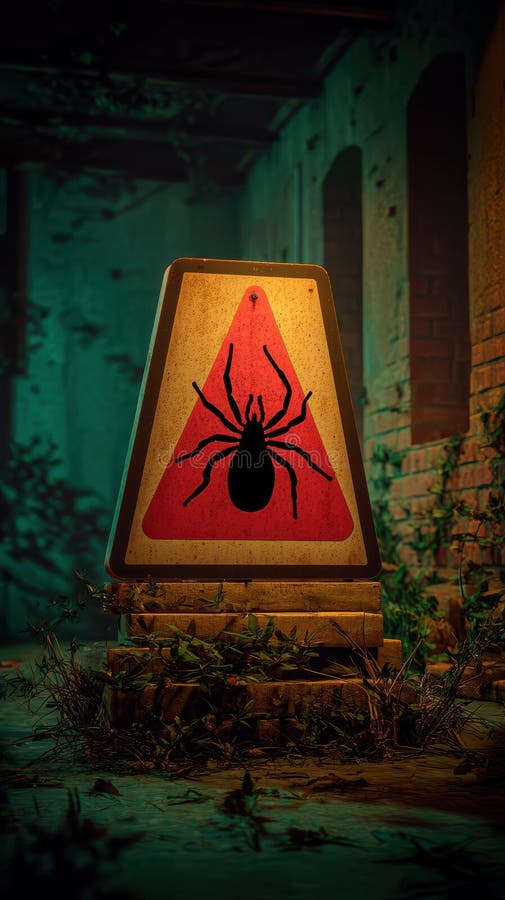 Triangular arachnid hazard sign warning of spiders in an overgrown dilapidated location and decaying brick triangular arachnid royalty-vrije stock afbeeldingen