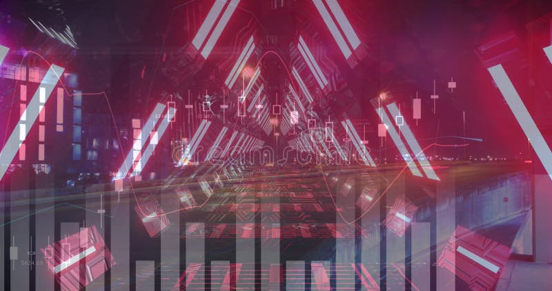 Triangular neon passage mirroring glow in tunnel, with candlestick and line graph overlays stock photos