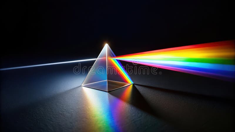 A triangular prism refracting light into a vibrant spectrum of colors on a dark surface. Generative AI royalty free illustration