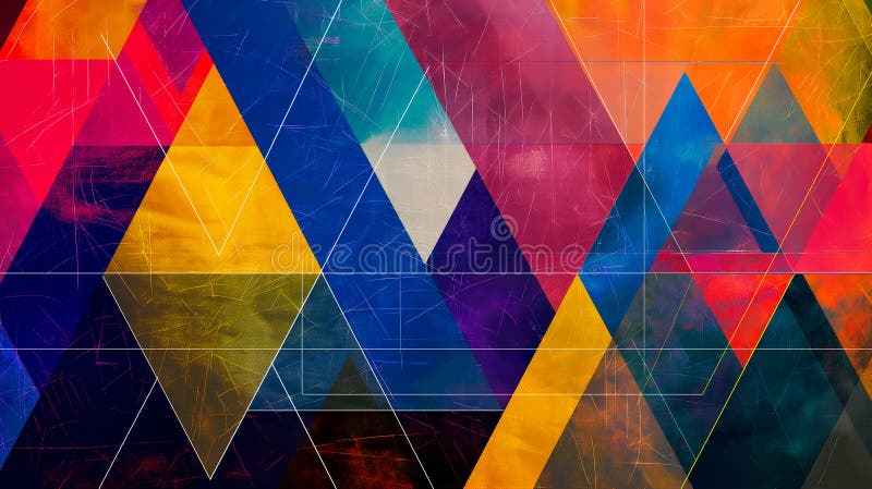 Triangular prisms in a spectrum of colors intersect, forming a complex geometric pattern that bursts with vibrant energy and depth vector illustration