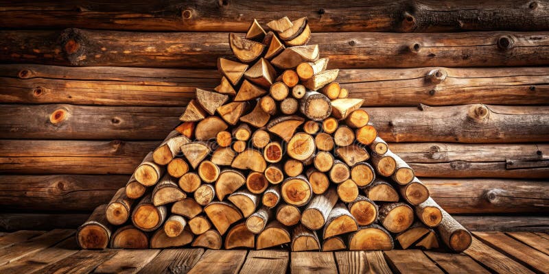 A triangular stack of neatly arranged firewood logs rests against a rustic log cabin wall. Generative AI stock illustration