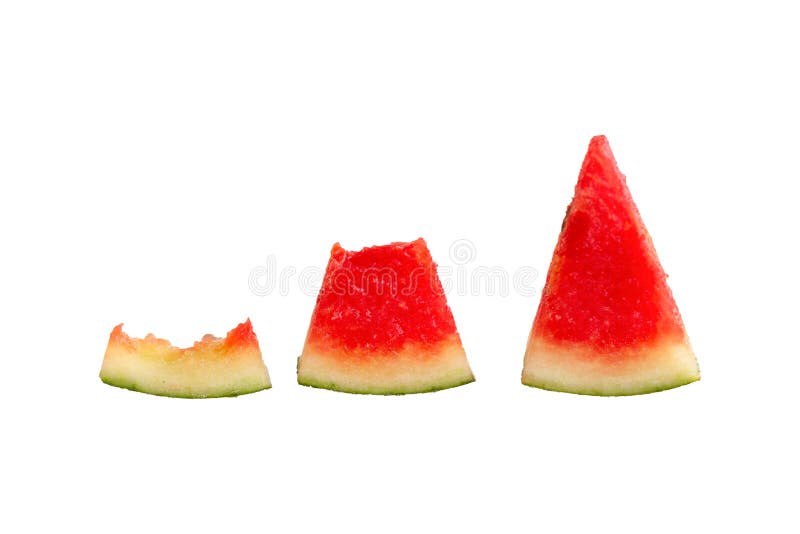 Triangular watermelon that is bitten apart on a white background. Triangular cut watermelon stock images, royalty-free photos and pictures