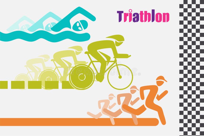 Triathlon graphic symbol. Triathletes are swimming running and cycling icon in colorful racing to the finish line. Triathlon graphic symbol. Triathletes are swimming running and cycling icon in colorful racing to the finish line.