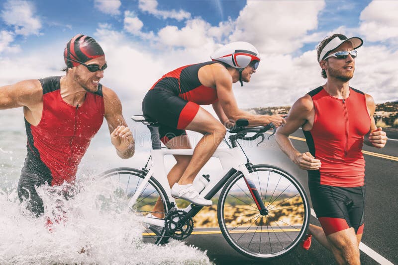 Triatlon-zwemfiets, triatleet man training ironman race concept Drie foto's van fitnessatleet