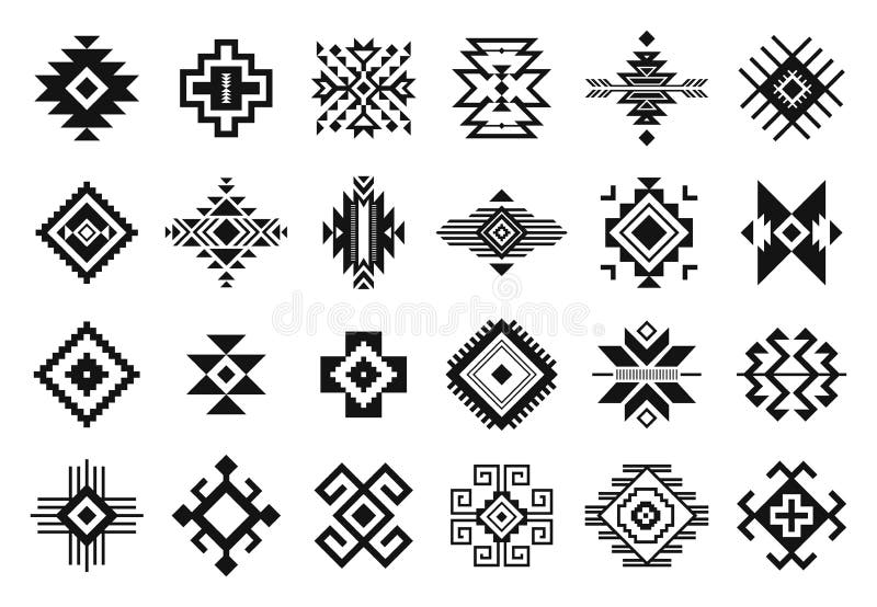 Tribal elements. Monochrome geometric american indian patterns, navajo and aztec, ethnic ornament for textile decorative