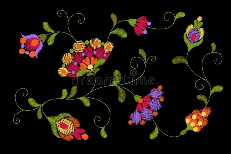 Tribal flower embroidery crewel patch. Bright red green colorful floral textile ornament. Ornate illustration vector illustration Tribal flower embroidery crewel patch. Bright red green colorful floral textile ornament. Ornate illustration vector illustration