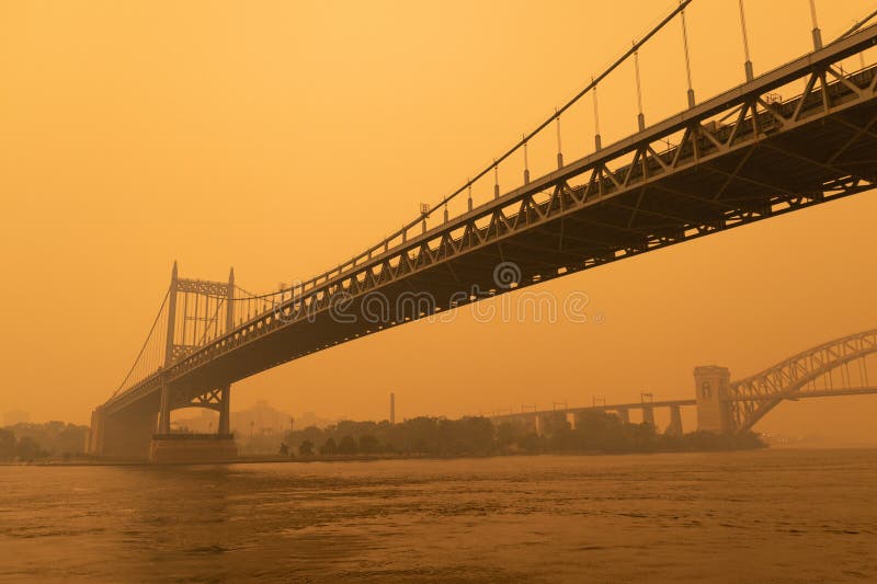 The Triborough Bridge along the East River in New York City with Massive Air Pollution from Wildfires