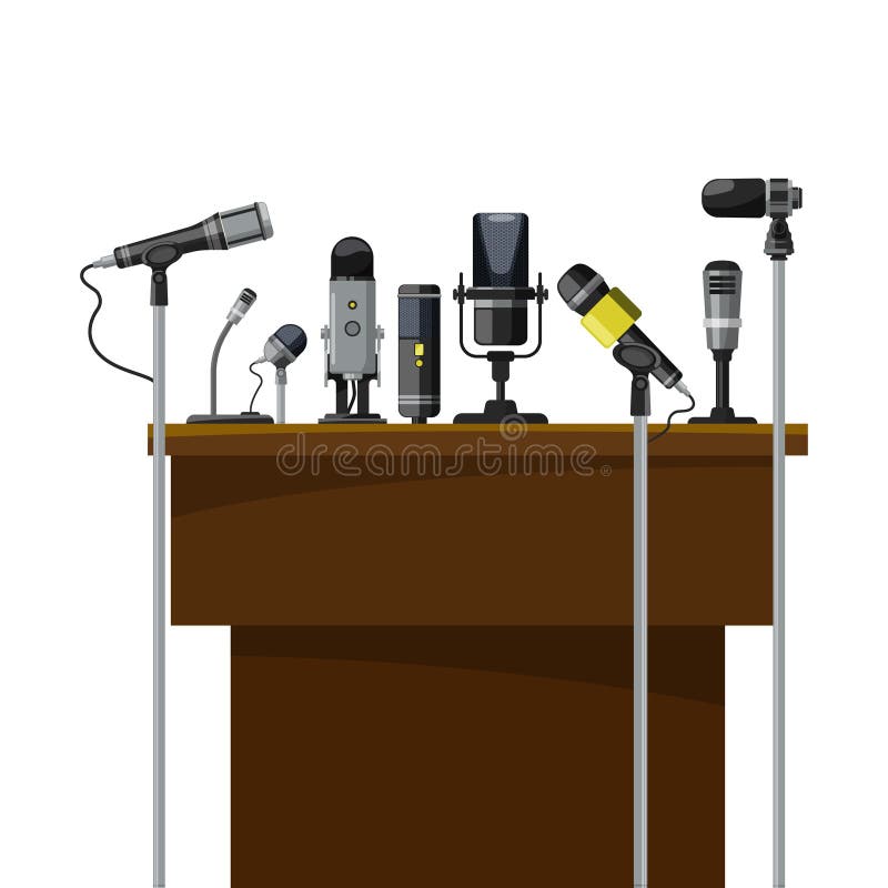 Tribuna para oradores e microfones diferentes Visualização da conferência ilustração do vetor Tribuna para oradores e microfones diferentes Visualização da conferência ilustração do vetor
