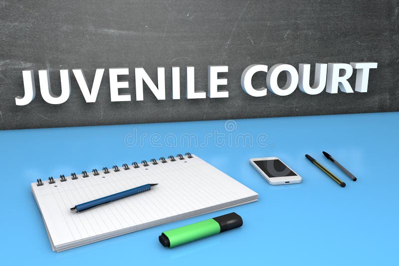 Concetto di testo in tribunale minorile con penne per notebook e telefono cellulare 3d rendering