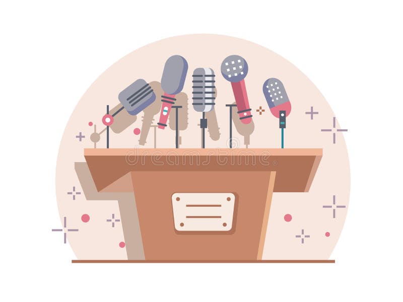 Tribune with microphones. Conference and debate, podium for presentation, tribune for seminar, flat vector illustration. Conference podium vectors