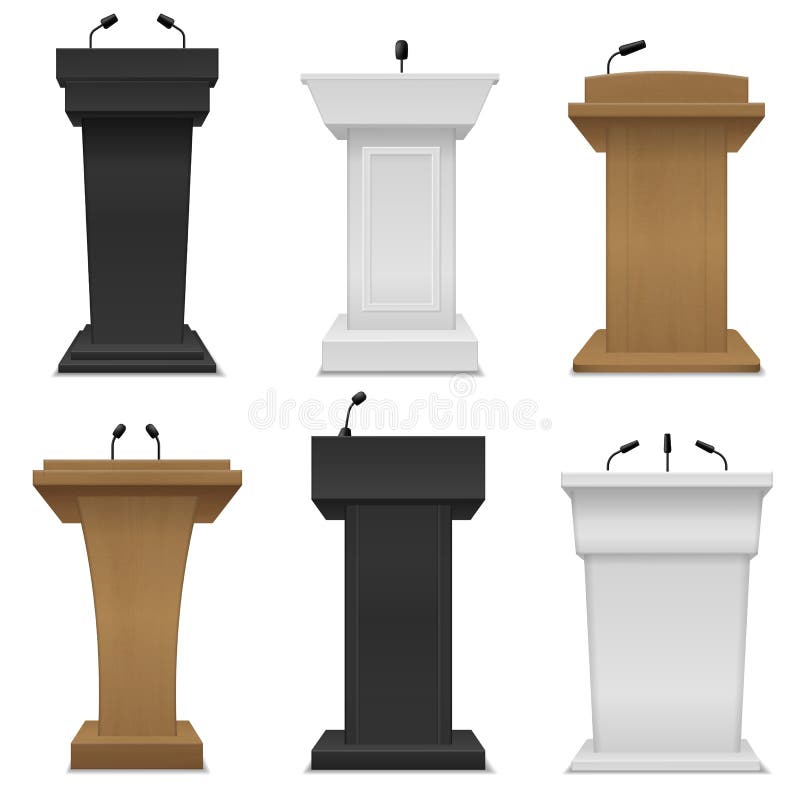 Tribune podium. diferentes plataformas de color con micrófonos para presentación de negocios discurso de conferencia de seminario ilustración del vector