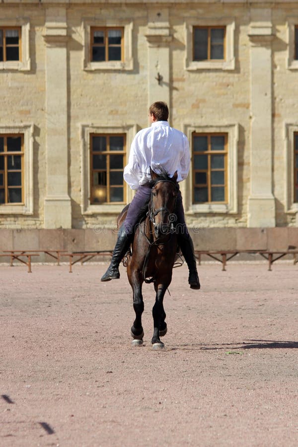 trick riding to men at bay stallion who jumps a trot on the sand square in front of the palace stock images trick riding to men at bay stallion who jumps a trot on the sand square in front of the palace stock images