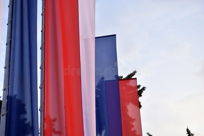 Tricolor Flags on the Square are Red White and Blue Stock Photo Image
