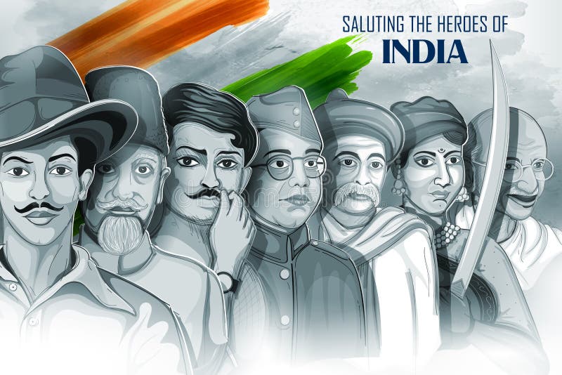 Tricolor Indien bakgrund med nationhjälten och frihetskämpen för självständighetsdagen
