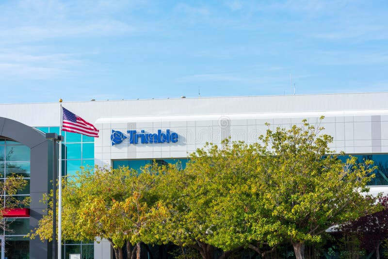 Trimble Logo Sign on on Headquarters. Trimble Develops Positioning