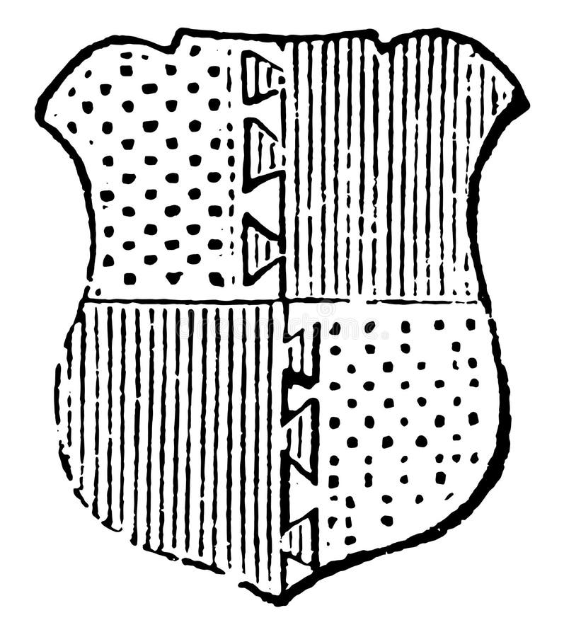 Quarterly Dove-Tailed has a term borrowed from carpentry to show tinctures joined together, vintage line drawing or engraving illustration. Quarterly Dove-Tailed has a term borrowed from carpentry to show tinctures joined together, vintage line drawing or engraving illustration