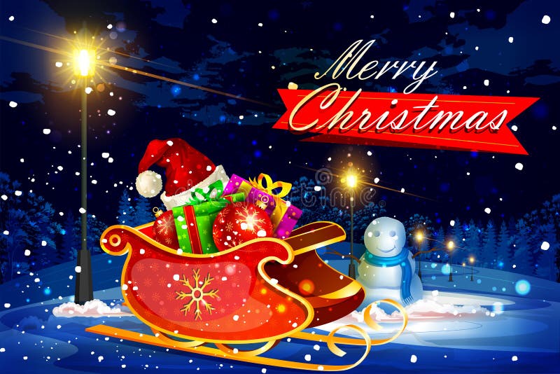 Trineo de Papá Noel por completo de la caja de regalo para la Feliz Navidad ilustración del vector Trineo de Papá Noel por completo de la caja de regalo para la Feliz Navidad ilustración del vector