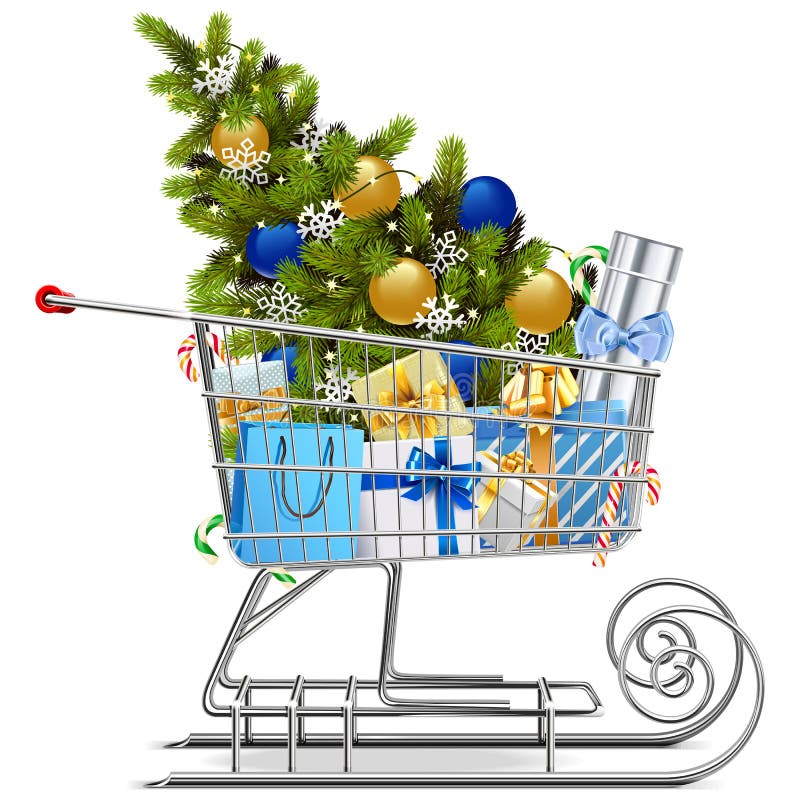Trineo que hace compras del vector con las decoraciones de la Navidad ilustración del vector Trineo que hace compras del vector con las decoraciones de la Navidad ilustración del vector
