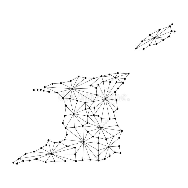 Trinidad and Tobago map of polygonal mosaic lines network, rays, dots vector illustration