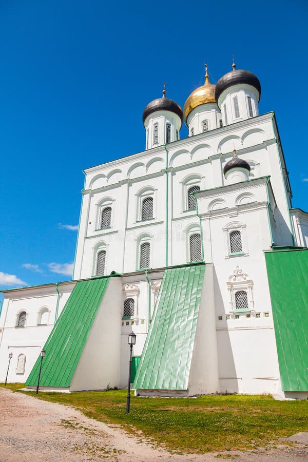 Classical Russian ancient religious architecture example. The Trinity Cathedral located since 1589 in Pskov Krom or Kremlin. Orthodox Church facade