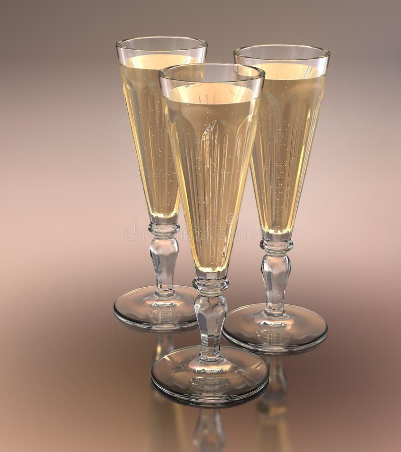 Tre bicchieri di champagne, riempita di bollicine.