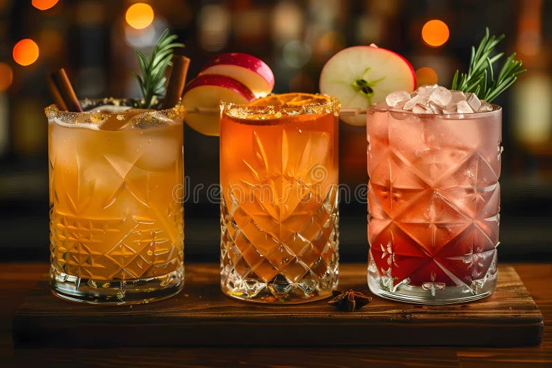 Trio der Herbstcocktails mit Zimt und Apfelgarnisch für festliche Feiern generative ai stock abbildung