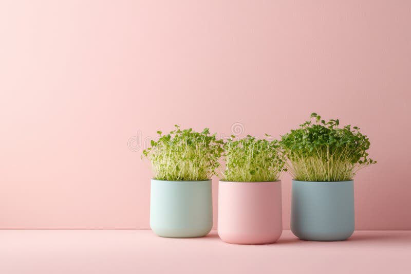 Trio of Potted Microgreens on Pastel Background: Minimalist Home Decor stock images