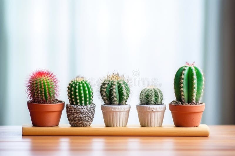 Trio of tiny cacti in a row on a wooden windowsill royalty free stock photo