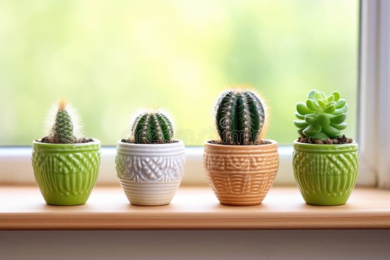 Trio of tiny cacti in a row on a wooden windowsill stock photography