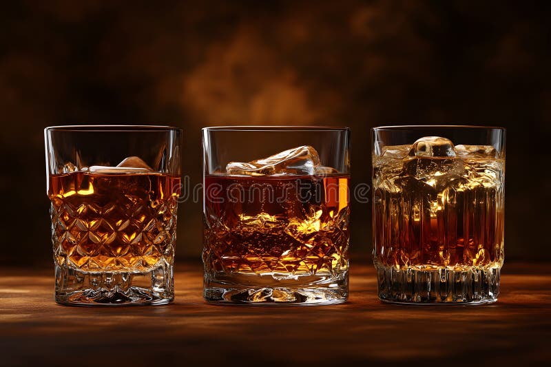 Trio of Whiskey Glass with Ice Cubes on Rustic Wooden Surface Generative AI stock abbildung