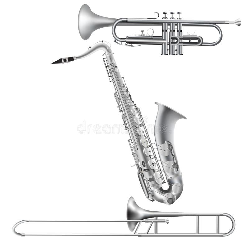Silver realistic icons set of trumpet, saxophone and trombone isolated on white background. Silver realistic icons set of trumpet, saxophone and trombone isolated on white background