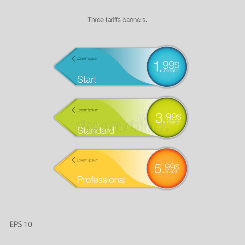 Triple banner for hosting. Three tariffs banners. Web pricing table. Vector design for web app. Arrow style. royalty free illustration
