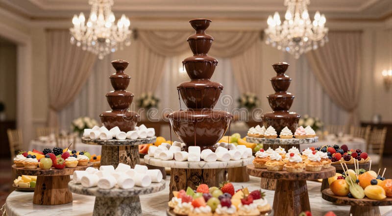 Triple chocolate fountain dessert table for wedding reception background and elegant banquet dessert buffet display stock photo