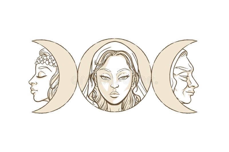 Triple goddess as Maiden, Mother and Crone, beautiful woman, symbol of moon phases. Hekate, mythology, wicca, witchcraft. Vector